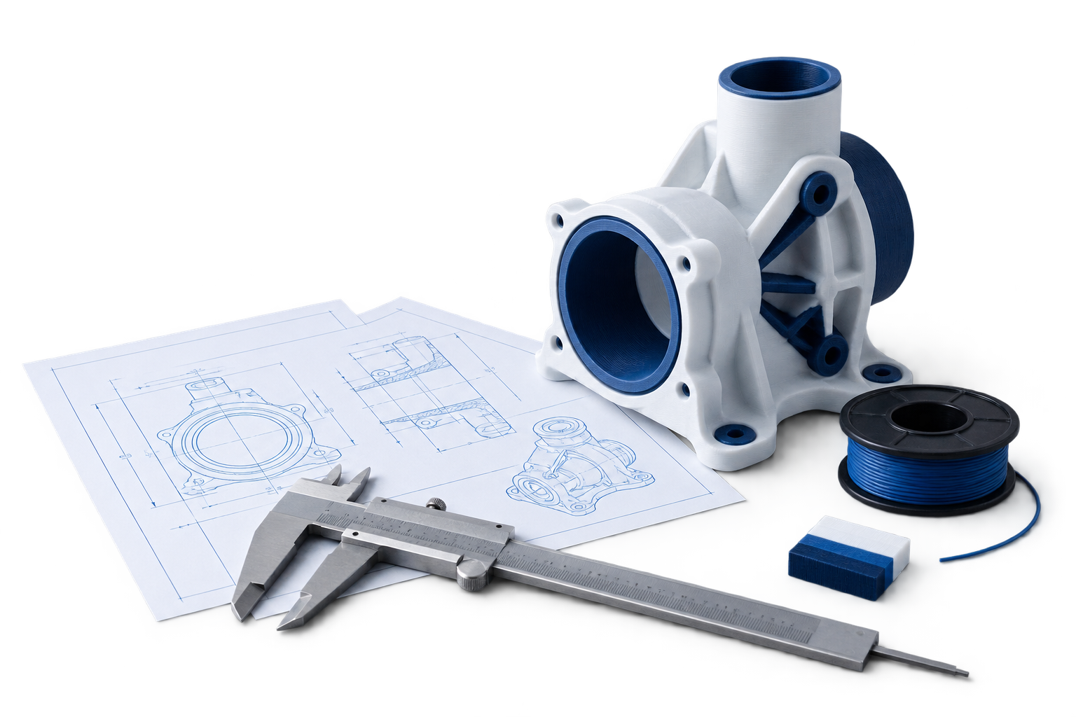 3D-printet prototype med CAD-tegning og skydelære